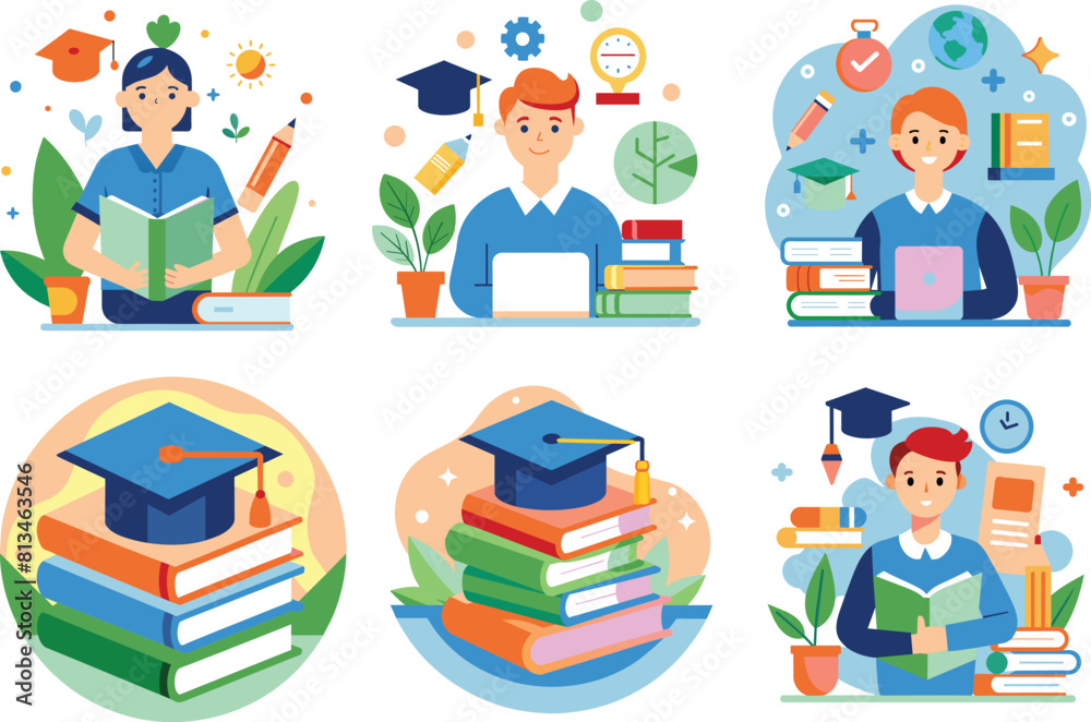 Set of flat education, university graduation icon, vector illustration. Set of flat education, university graduation icon, vector illustration.
