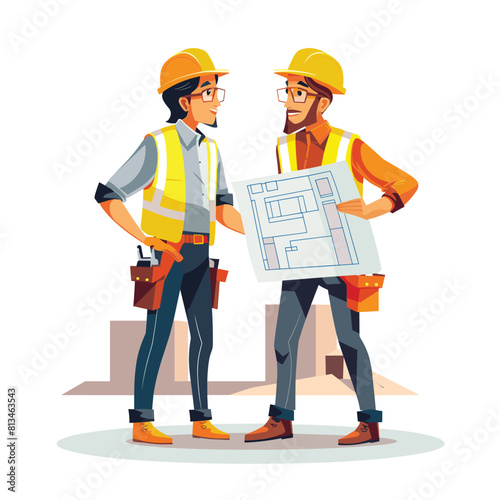 Construction site. Building work process with houses and construction machines. Surveyor engineers with equipment, theodolite or total positioning station. Vector illustration, Workers professions, 