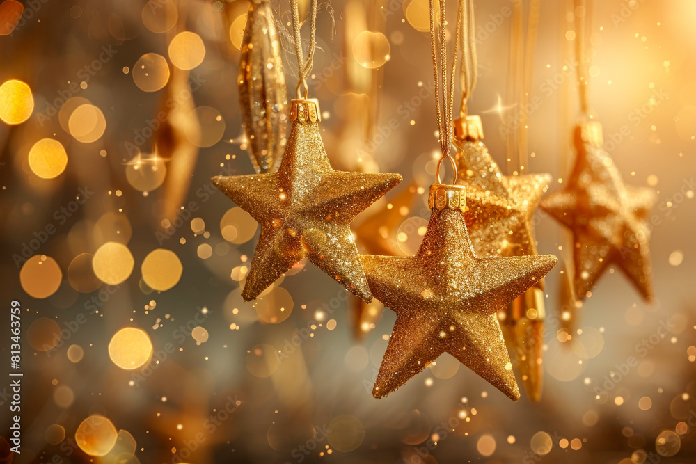 Golden Christmas Stars Hanging with Sparkling Lights Background Golden Christmas Stars Hanging with Sparkling Lights Background