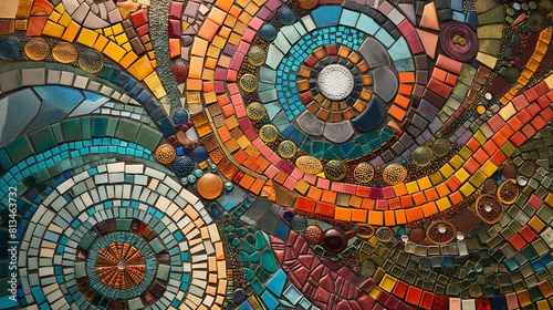 mosaic artwork  featuring tiles in an array of colors and patterns  showcasing the artistic use of color variations to create intricate and visually