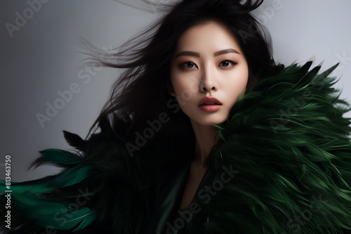 Fashion editorial Concept. Closeup portrait of stunning pretty asian woman with chiseled features  wrapped in green soft feathers boa. illuminated dynamic composition dramatic lighting.  
