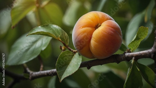 A ripe apricot with a leaf