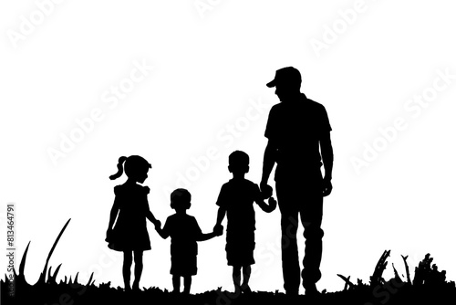 fathers day, man and three children are walking together in field. The man is holding the hands of the children, and they are all smiling. Concept of warmth and family togetherness