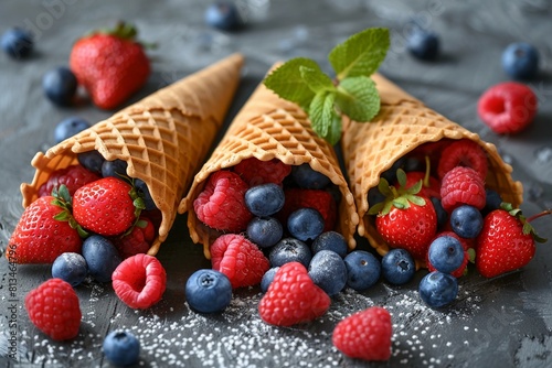 Summer fruits in ice cream cones. Summer berries strawberry, raspberry, blueberry with mint leaf. Food background. Table with healthy waffle cones. Organic fresh fruit berry texture, vintage dessert
