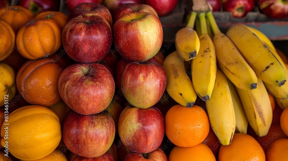 stack of ripe fruits at a market, including apples, oranges, and bananas, each displaying different shades of red, orange, and yellow, highlighting the natural variation in fruit colors.
