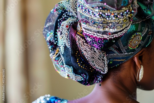  A Nigerian gele headwrap adorned with intricate beadwork and sequins, complementing a traditional Yoruba attire, Generative AI photo