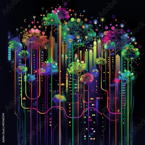 Neon style of digital trees growing in a smart city park  with solid colors emphasizing a blend of urban development and green tech  illustration template