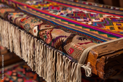 A Peruvian pollera skirt displayed on a traditional Andean loom, showcasing its vibrant colors and intricate handwoven motifs, Generative AI photo
