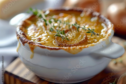 Golden Baked Onion Soup with Melted Cheese and Thyme