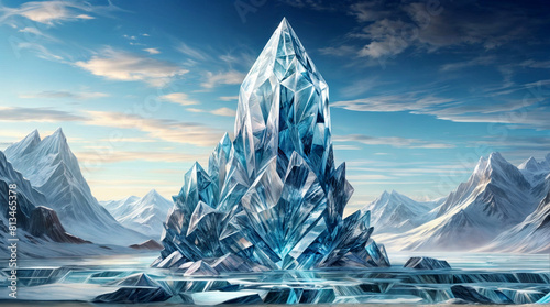 An icy mountain with a massive iceberg at its center, surrounded by a frozen landscape.