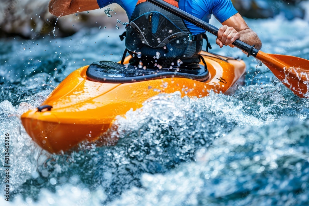 Naklejka premium Dynamic kayaker s paddle in action thrilling summer olympic games watersport excitement and speed