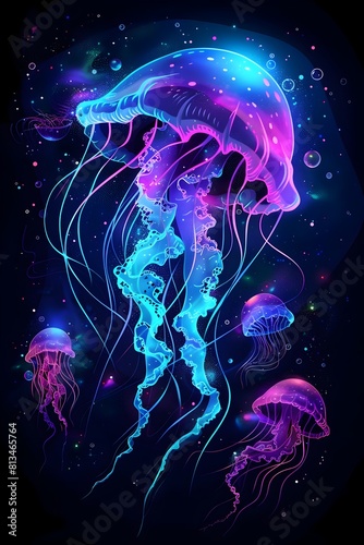 Glowing Jellyfish in Bioluminescent Deep Sea Realm A Surreal Underwater Wonderland of Swirling Currents and Ethereal Lifeforms