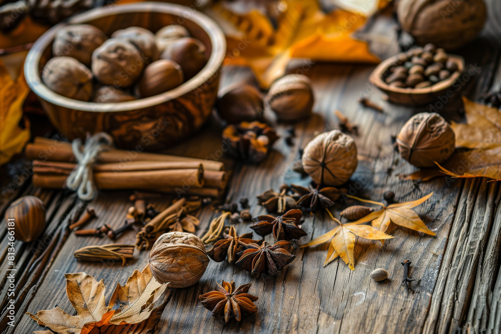 Autumn Spices and Nuts on Rustic Wooden Table Autumn Spices and Nuts on Rustic Wooden Table