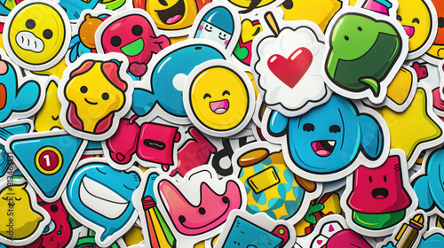 Various vibrant stickers featuring emojis piled together in a colorful display