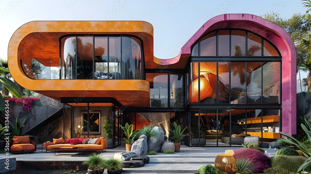 Vibrant Modern Home with Geometric Glass Architecture and Lush Outdoor Terrace Vibrant Modern Home with Geometric Glass Architecture and Lush Outdoor Terrace