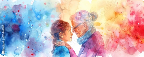 Design a closeup illustration capturing the genuine affection between a granddaughter and her grandmother as they share a warm hug