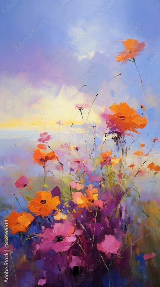 a painting of orange flower and purple wild flowers, in the style of soft atmospheric scenes, light purple and yellow