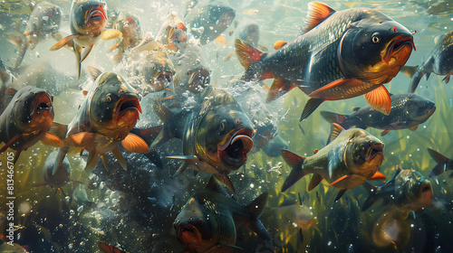 A school of piranhas launching a frenzied attack on a larger fish that has strayed into their territory © Sheh