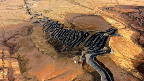 Aerial view of the winding road of the Panlong Ancient Road in Vacha township, Tashkurgan Pamir Plateau, Kashgar region, Xinjiang, China photo