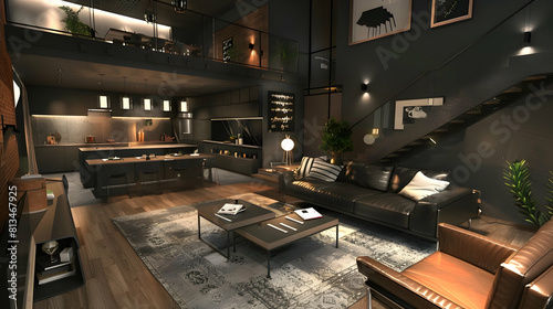 Modern living room in dark gray and brown tones, sofa with leather armchair, coffee table, dining area for dinner at night. Staircase to second floor