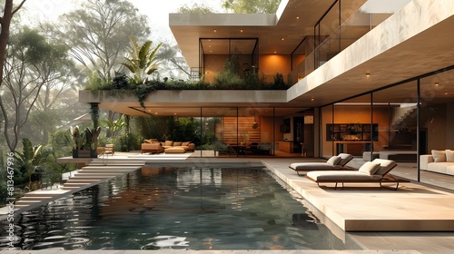 Luxurious Modern Interior Design with Scenic Outdoor Pool and Landscaping in Tropical Nature Setting © prasong.