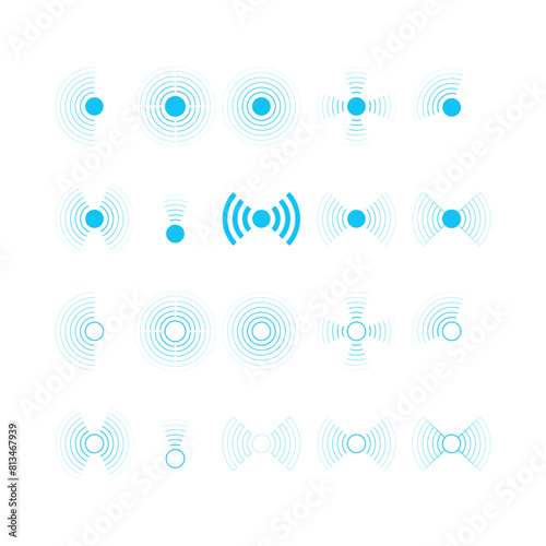 Wireless Technology with Radar and WiFi Vector. Wi-Fi Signal Circles, Sonar Sound Waves, Digital Radar, and Sonar Vectors, Icons, Symbols, and Logos.