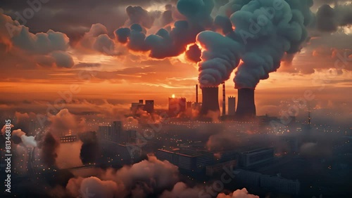 Power plant in the city. Industrial chimneys from factory. Metallurgy blue sky. Metallurgical industrial factory. Poisoned air. Epic pollution of nature. Toxic substances. smoke moving 4k video photo