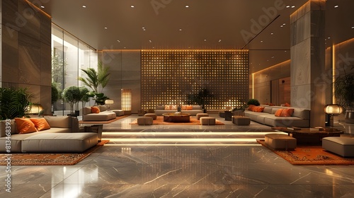 Modern Luxurious Hotel Lobby with Geometric Patterns and Sleek Furnishings Providing a Sophisticated and Inviting Atmosphere for Relaxation and
