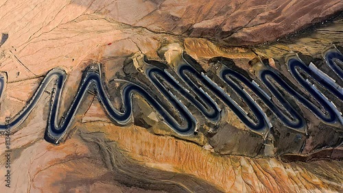 Aerial view of the winding road of the Panlong Ancient Road in Vacha township, Tashkurgan Pamir Plateau, Kashgar region, Xinjiang, China photo