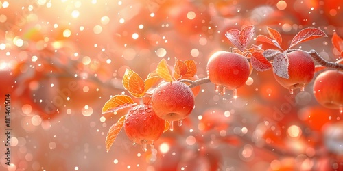 Tree background in peach fuzz color. Autumn apple fruits. Harvest garden. 2024 trendy orange fall orchard with rain drops. Apple tree branches. Trendy palette background with fruits. Autumn banner