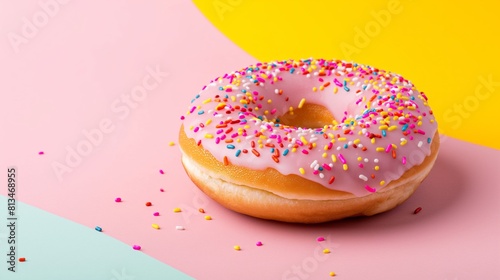 Close-up of a pink frosted donut with colorful sprinkles against a pastel background.