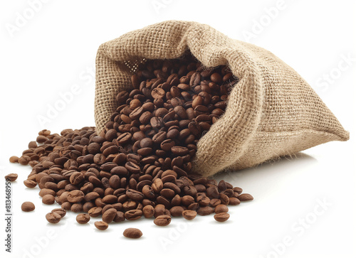 a burlap sack full with coffee beans on white background