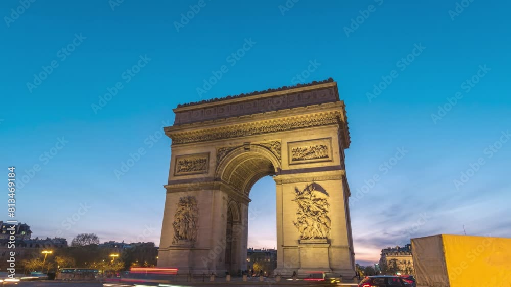 Paris France time lapse day to night sunset city skyline at Arc de Triomphe and Champs Elysees street Paris France time lapse day to night sunset city skyline at Arc de Triomphe and Champs Elysees street
