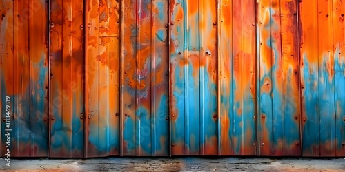 Rustic steel wall with orangeblue texture negative space grunge metal background. Concept Texture Photography, Grunge Aesthetics, Industrial Design, Abstract Art, Color Contrast photo