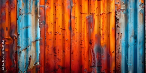 Rustic Steel Wall with Orange-Blue Texture: A Grunge Metal Background with Negative Space. Concept Rustic Steel Wall, Grunge Texture, Metal Background, Negative Space, Orange-Blue Palette photo