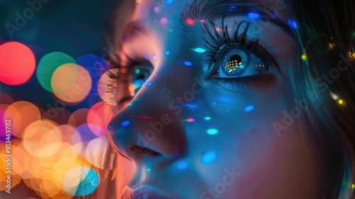 A closeup of a womans eye showcasing Christmas lights reflected in her iris. Her eyelashes are coated with electric blue mascara, complementing the festive eye makeup AIG50