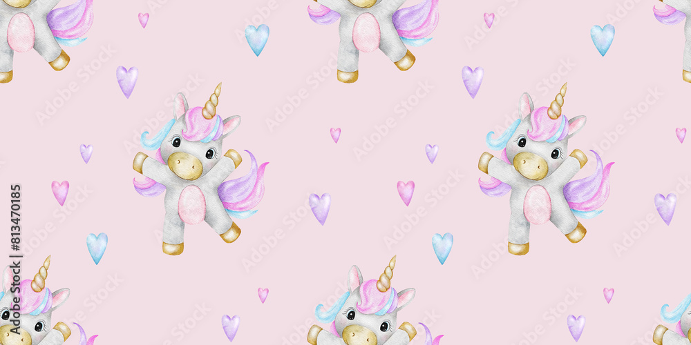 Print of cute little unicorns and hearts. Background of baby ponies. Watercolor hand drawn seamless pattern for children's rooms, goods, clothes, postcards, baby shower and nursery, fabric Print of cute little unicorns and hearts. Background of baby ponies. Watercolor hand drawn seamless pattern for children's rooms, goods, clothes, postcards, baby shower and nursery, fabric
