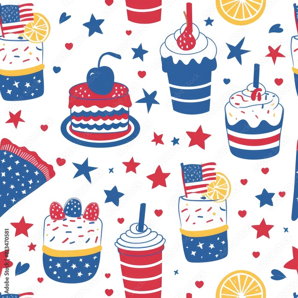 Patriotic Desserts and Beverages Seamless Pattern for Independence Day, 4 July Independent day