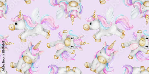 Print of cute little unicorns. Background of baby ponies. Watercolor hand drawn seamless pattern for children's rooms, goods, clothes, postcards, baby shower and nursery, fabric