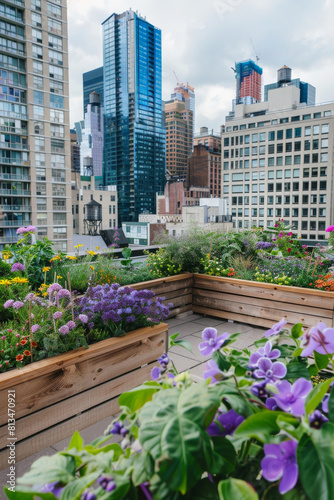 Lush Rooftop Garden with Raised Wooden Beds Full of Flowers photo