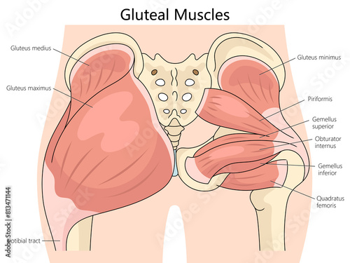 Obraz na płótnie anatomy of human gluteal muscles, including labels for each muscle structure diagram hand drawn schematic raster illustration