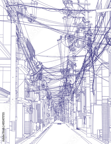 Scene street view, panorama illustration. Hand drawn ink line sketch of japanese street, Japan. outline style, perspective view