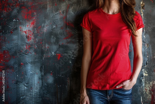 Vibrant Composition: Red T-Shirt, Textured Wall Art, and Reflective Ambiance