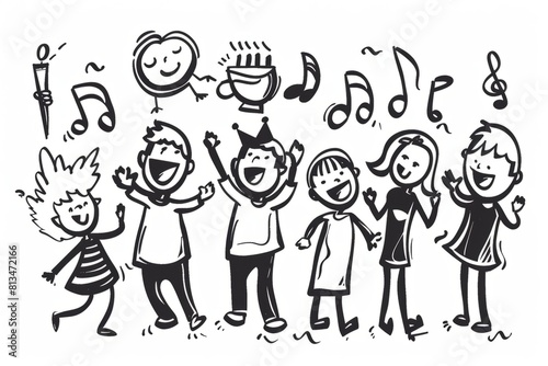 Cartoon cute doodles of a person receiving a birthday serenade from a choir or band, with music and singing filling the air with joy and celebration, Generative AI