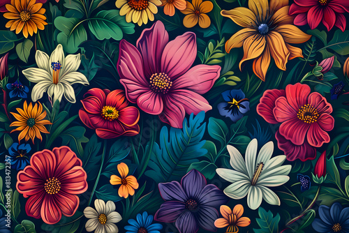 A seamless illustration of colorful flowers