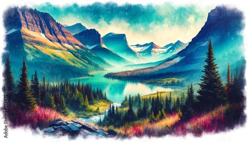A view of Glacier National Park  capturing its captivating landscapes with radiant brilliance.