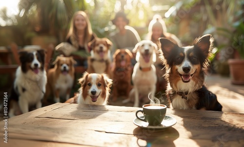 Cheerful group of dogs with their owners enjoying a sunny cafe setting, coffee on the table.