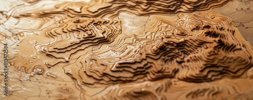 Intricately Detailed Topographic Map Laser-Engraved on Wooden Surface