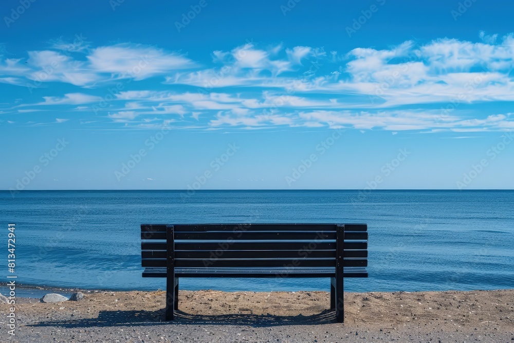 Serene Beach Scene with Black Bench Serene Beach Scene with Black Bench
