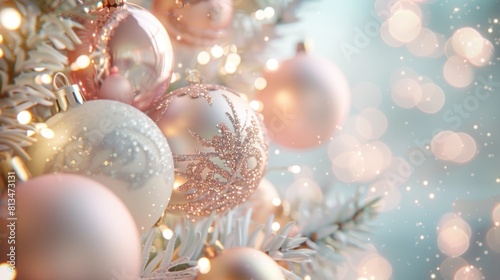 Pastel Christmas Glow: Create a warm and inviting Christmas background with soft pastel tones, featuring twinkling lights, shimmering ornaments, and festive accents against a light and airy backdrop. 